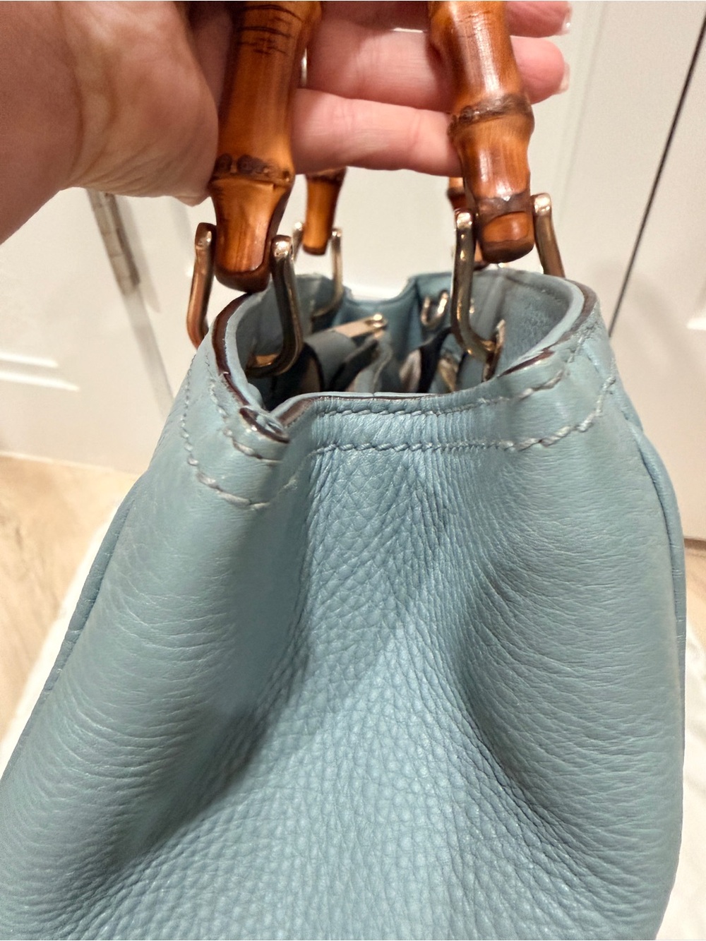 Gucci Light Blue Bamboo Handle Leather Tote + COA and Dust Bag - Picture 14 of 16
